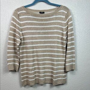 Talbots Linen Tan White Stripe 3/4 Sleeve Boat Neck Sweater Medium Petite